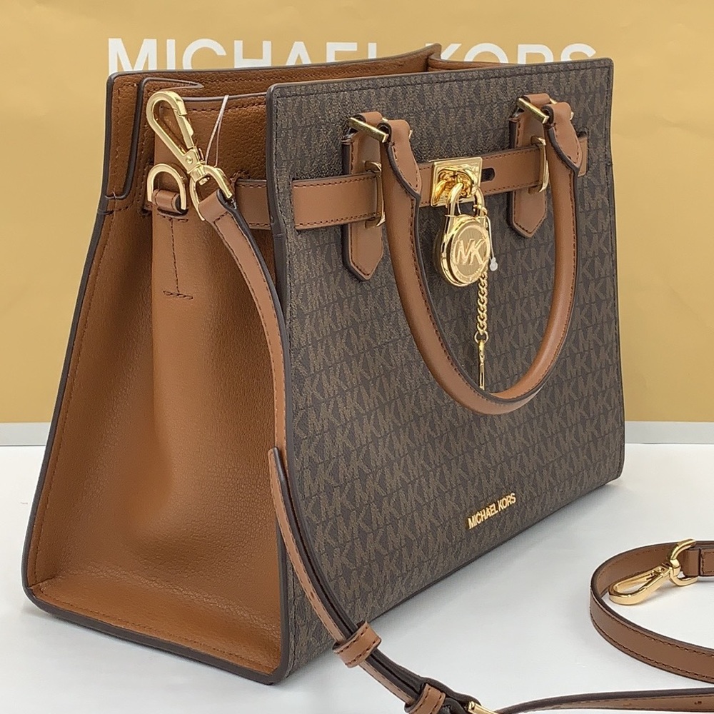 Michael Kors Hamilton Med Satchel Shoulder Crossbody Bag Luggage/Brown Signature - Picture 6 of 16